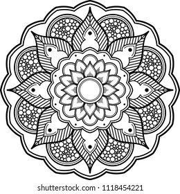 Mandala pattern black and white. Islam, Arabic, Pakistan, Moroccan, Turkish, Indian, Spain motifs. Can be used for coloring book, greeting card, phone case print, etc. Vector illustration EPS 10.