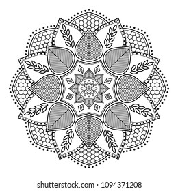 Mandala pattern black and white. Outline Mandala for coloring book. Decorative round ornament. Anti-stress therapy pattern.