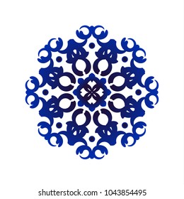 Mandala Pattern blue and white, Abstract vector floral ornamental border, ceramic watercolor background design, kaleidoscope, yoga, India, Arabic, vector illustration