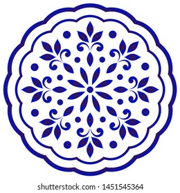 Mandala Pattern blue and white, Abstract floral ornamental round border, ceramic watercolor background design, kaleidoscope, yoga, India, Arabic, damask porcelain,tile,  vector illustration