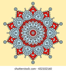 Mandala pattern in bright red, pale blue & white on light yellow background.