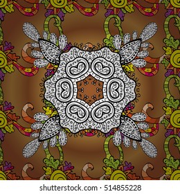 Mandala pattern in brown, white, and yellow on doodles floral background. Vector illustration.