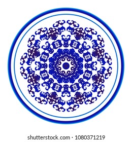 Mandala Pattern, Circular Chinaware pattern, Blue and white ornamental round, Decorative art frame, Abstract vector floral ornamental border, porcelain design vector illustration
