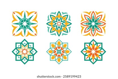 Mandala pattern, Collection of floral mandala, arabic icons, tiles motif, green orange