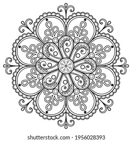 Mandala Muster Farbbuch Tapete Design Kunst. Fliesenmuster Grußkartenaufkleber Spitzen-Muster und Tattoo, Yoga Design. handgezeichnete Mandala-Vektorgrafik. auf weißem Hintergrund