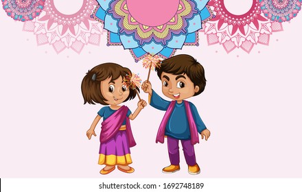 Mandala pattern design background with Indian girl and boy illustration