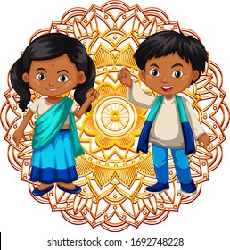 Mandala pattern design background with Indian girl and boy illustration
