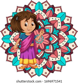 Mandala pattern design background with Indian girl smiling illustration
