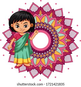 Mandala pattern design background with Indian girl smiling illustration