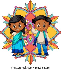 Mandala pattern design background with two happy kids illustration