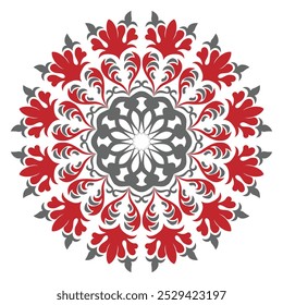Mandala Pattern design with floral style, flower and leaves with color red and grey.