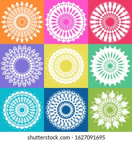 Mandala pattern design on different color backgrounds illustration
