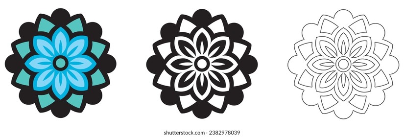 Mandala Pattern Designs in three different styles, floral mandal indian style black and white, colored and outlined vector illustration on white background, hand drawn indian traditional and cultural