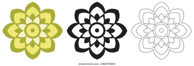 Mandala Pattern Designs in three different styles, floral mandal indian style black and white, colored and outlined vector illustration on white background, hand drawn indian traditional and cultural