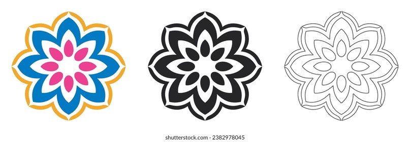 Mandala Pattern Designs in three different styles, floral mandal indian style black and white, colored and outlined vector illustration on white background, hand drawn indian traditional and cultural