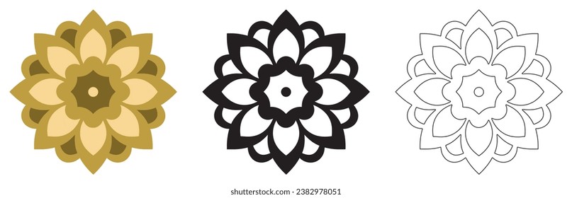 Mandala Pattern Designs in three different styles, floral mandal indian style black and white, colored and outlined vector illustration on white background, hand drawn indian traditional and cultural