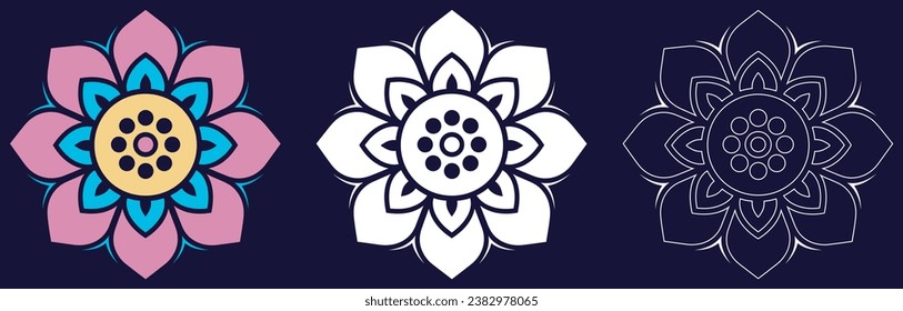 Mandala Pattern Designs in three different styles, floral mandal indian style black and white, colored and outlined vector illustration on white background, hand drawn indian traditional and cultural