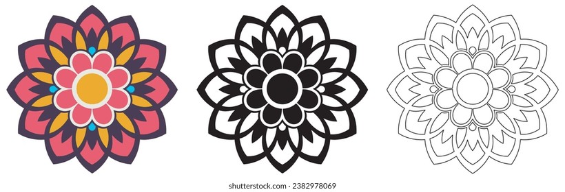 Mandala Pattern Designs in three different styles, floral mandal indian style black and white, colored and outlined vector illustration on white background, hand drawn indian traditional and cultural