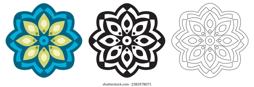 Mandala Pattern Designs in three different styles, floral mandal indian style black and white, colored and outlined vector illustration on white background, hand drawn indian traditional and cultural