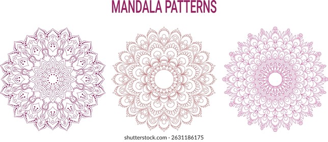 Mandala Pattern Designs in three different styles. floral mandala Indian style  colored vector illustration on white background, hand drawn Indian traditional and cultural. Vector abstract mandala.