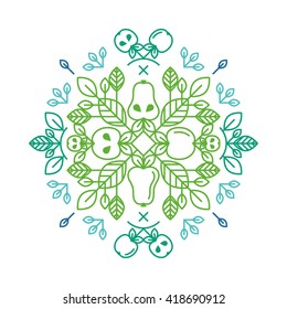 Mandala pattern with entwined leaves and apples in a linear style