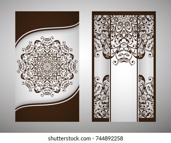 Mandala pattern for flyer. Oriental motif. Hand painted texture background. Set wedding invitations, postcards and business card templates. Decorative card design printing. Vector. EPS 10