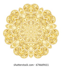 Mandala pattern gold background. Arabic decorative ornament. East, islam, thai, indian, ottoman motifs. Abstract tribal, ethnic texture. Orient, symmetry, lace, meditation symbol. Vector illustration.