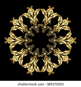 Mandala pattern. Gold color on a black background. Vector illustration