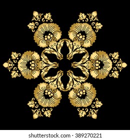 Mandala pattern. Gold color on a black background. Vector illustration