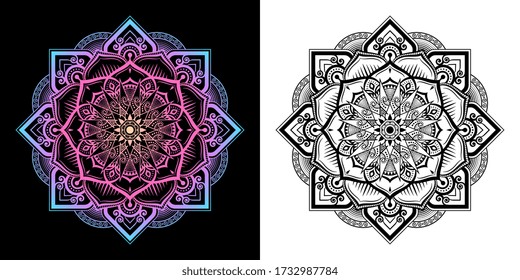 Mandala pattern mixed in modern Thai art style in 2 type. Left image gradient color is merge, Right image is isolated black on white background. Vector Illustration.