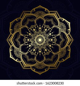 Mandala pattern modern thai art style, golden hexagon shape on a navy blue colour background