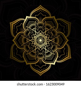 Mandala pattern Modern Thai art style Golden hexagon shape on a black background.