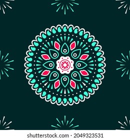 Mandala Pattern On Green Fireworks Background.