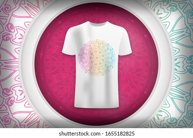 A mandala pattern on a T-shirt. Vector hand draw circle frame.
