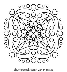 Mandala pattern painted with black strokes heart shapes and circles for coloring.