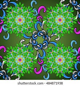 Mandala pattern with pink and blue mandala. Hand drawn green gradient ornament decoration. Indian, oriental, tribal, floral mandala, mexican print.