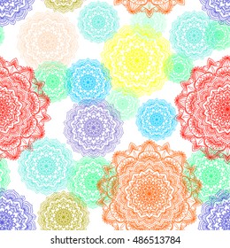Mandala pattern seamless. Asian tribal ornament colorful lotus mandala graphic. Hand drawn vector ethnic round decor.
