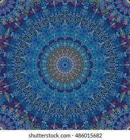 Mandala pattern, seamless. Vector background for luxury oriental wallpaper, greeting card, invitation. Vibrant blue round ornament. Decorative design element. Weave illustration. Floral boho print.