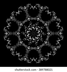 Patrón Mandala. Color plateado sobre fondo negro. Ilustración del vector
