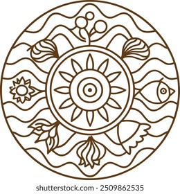 Mandala pattern or Simple Floral Ideas for Decorative frame ornament in ethnic oriental style. Coloring book page.