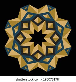 Mandala pattern that is colored golden so resulting in a beautiful 3-dimensional illusion and isolated on black background suitable for texture, surface design, pattern element, design element. EPS8.