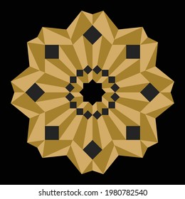 Mandala pattern that is colored golden so resulting in a beautiful 3-dimensional illusion and isolated on black background suitable for texture, surface design, pattern element, design element. EPS8.