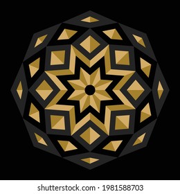 Mandala pattern that is colored golden so resulting in a beautiful 3-dimensional illusion and isolated on black background suitable for texture, surface design, pattern element, design element. EPS8.