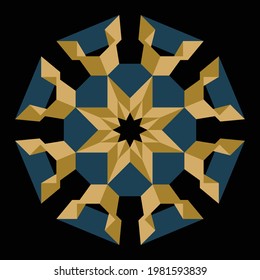 Mandala pattern that is colored golden so resulting in a beautiful 3-dimensional illusion and isolated on black background suitable for texture, surface design, pattern element, design element. EPS8.