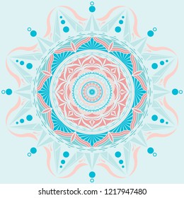 Mandala pattern vector. Polar design beach color blue an pink on light cyan background. Design print for studio, wallpaper, background, textile. Set 5