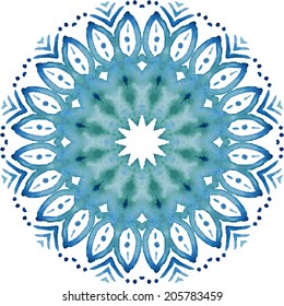 Mandala pattern. Watercolor vector blue ethnic background. Abstraction. Watercolor circle.