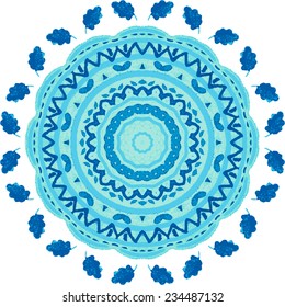 Mandala pattern. Watercolor vector blue ethnic background. Abstraction. Watercolor circle.design. Beautiful circle background. Hand drawn card template. Geometrical template. Indian art. 