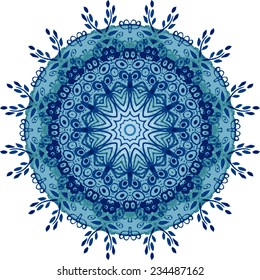 Mandala pattern. Watercolor vector blue ethnic background. Abstraction. Watercolor circle.design. Beautiful circle background. Hand drawn card template. Geometrical template. Indian art. 