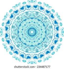 Mandala pattern. Watercolor vector blue ethnic background. Abstraction. Watercolor circle.design. Beautiful circle background. Hand drawn card template. Geometrical template. Indian art. 