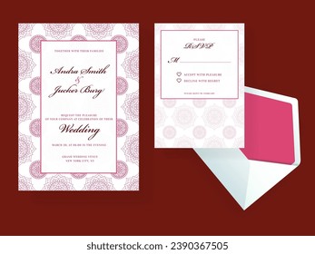 Mandala Pattern Wedding Invitation Template with RSVP Card and Envelope on Red Background.